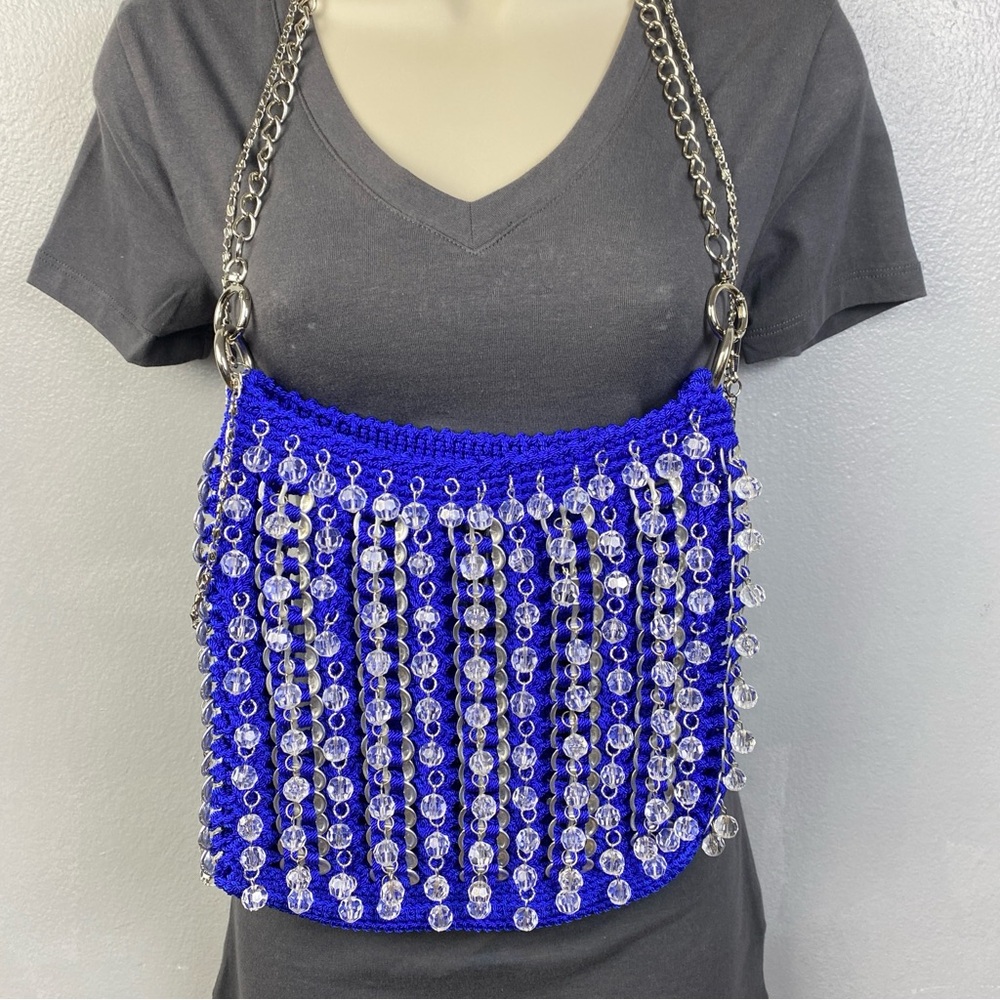Upcycled Handmade Electric Blue Lucite Beaded Dangle Pop Soda Cap Purse Handbag